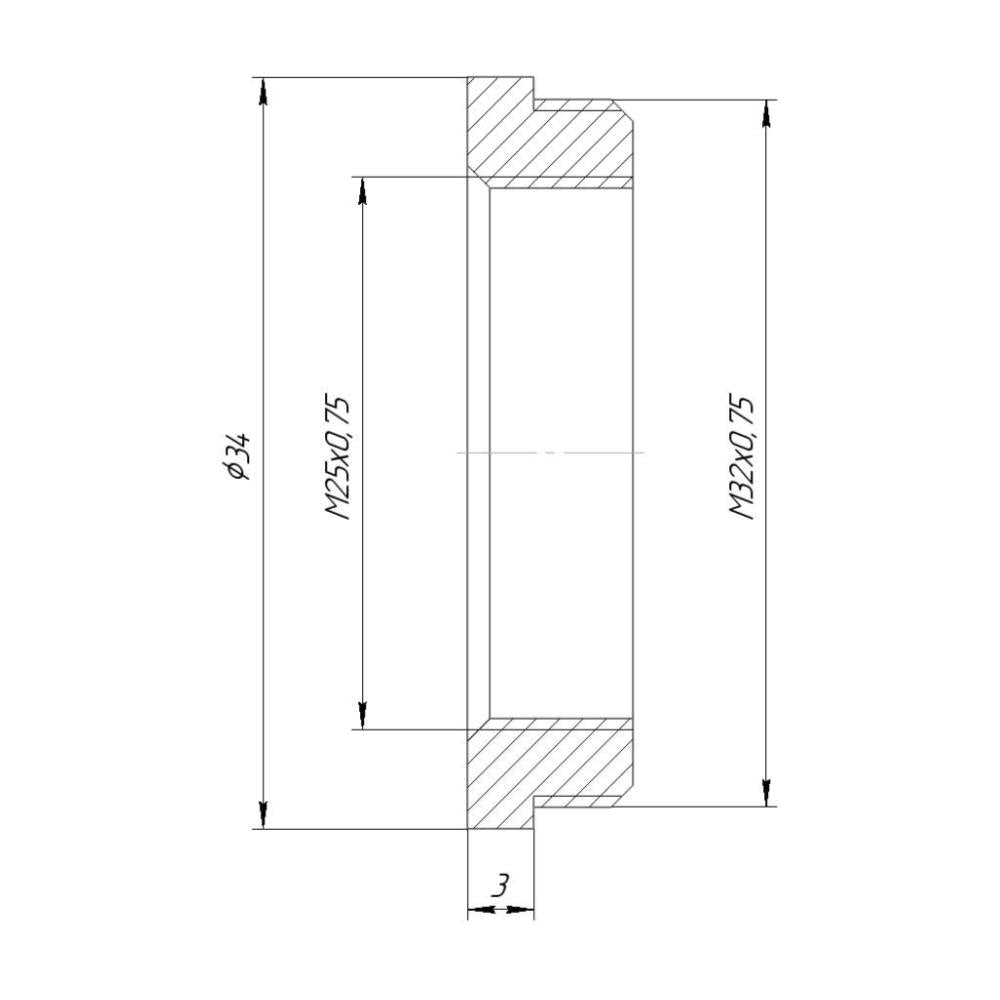 M32x0.75 male to M25x0.75 female thread adapter, 3mm, black