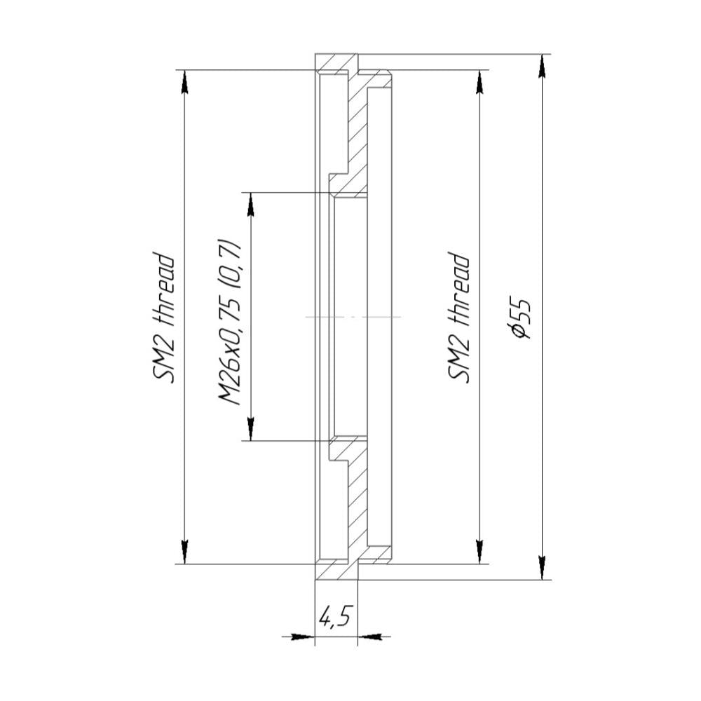 SM2 male to M26x0.75 (36tpi) female thread adapter (SM2 to 26mm step-down ring)