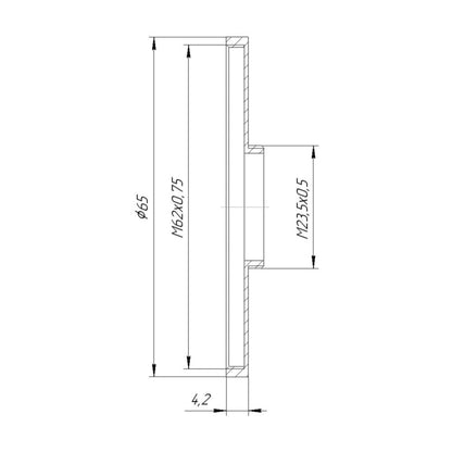 M23.5x0.5 male to M62x0.75 female filter step-up ring (Cooke Kinic 1.5/1″ lens)