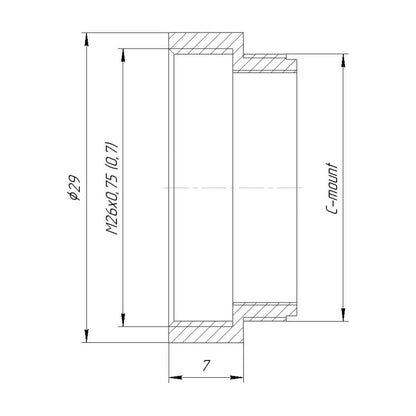 M26x0.7 (36tpi, Mitutoyo) female thread to C-mount camera adapter, black