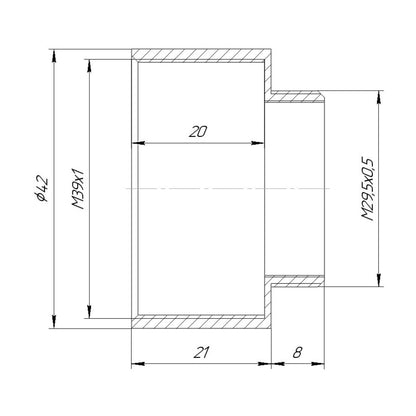 M39x1 female to M29.5x0.5 male thread adapter, 20mm deep