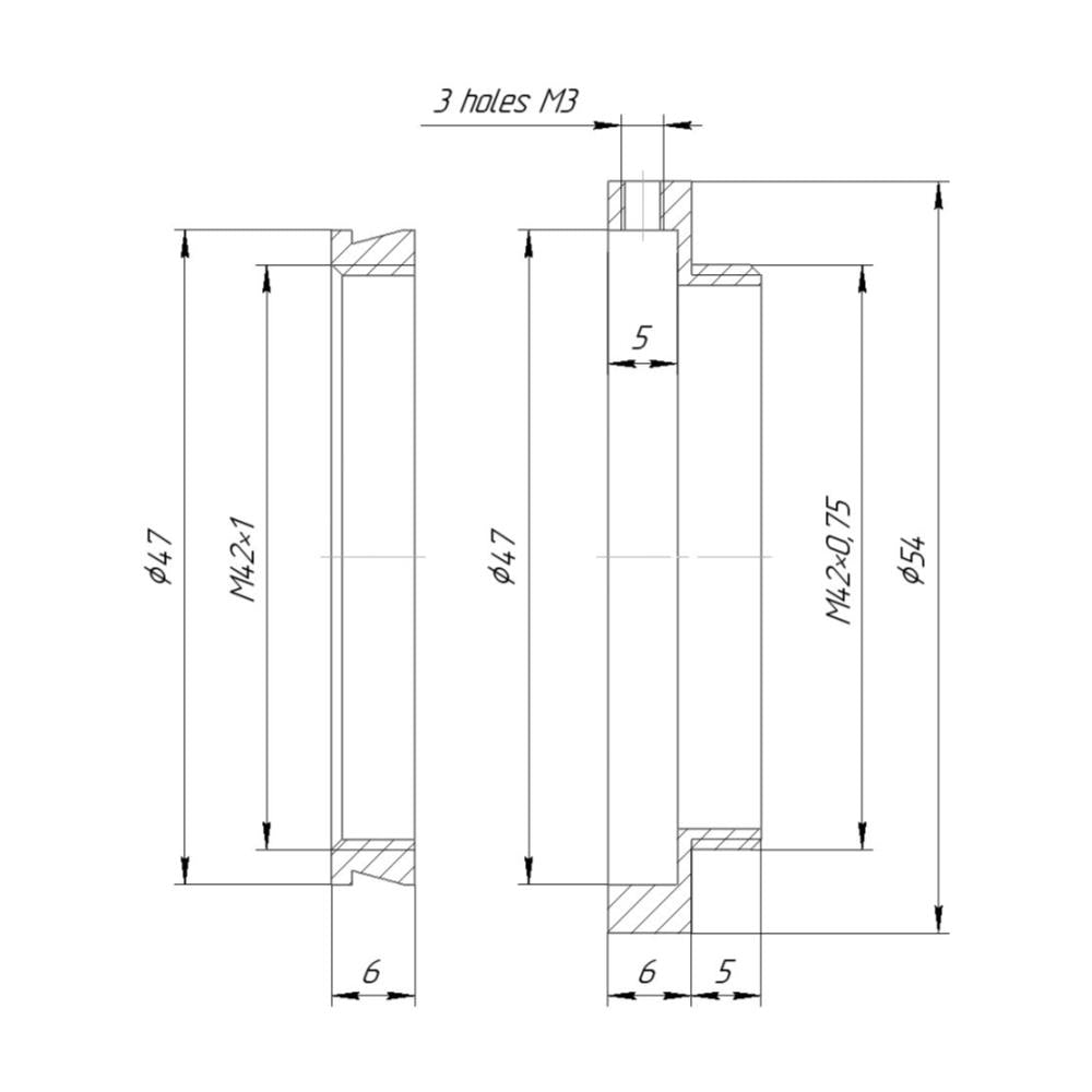 M42x1 female to M42x0.75 (T2) male thread adapter for telescopes, bronze insert