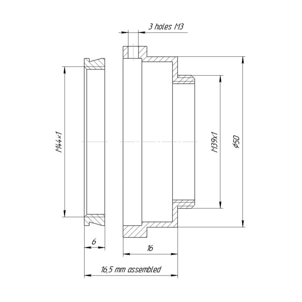 M44x1 female to M39x1 (LTM) male thread adapter, adjustable