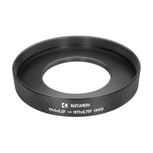 M45x0.5 female to M77x0.75 female thread adapter with 80mm outer diameter
