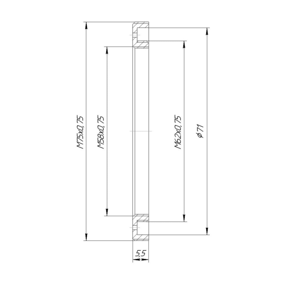 M62x0.75 male to M75x0.75 male thread adapter with M58x0.75 female thread