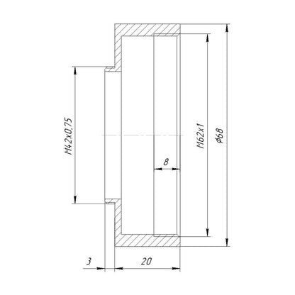 M62x1 female to M42x0.75 (T2) male thread adapter, 20mm long