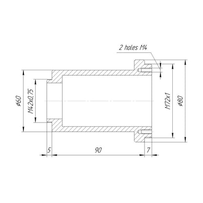 M72x1 male to M42x0.75 (T2) male thread adapter, 90mm