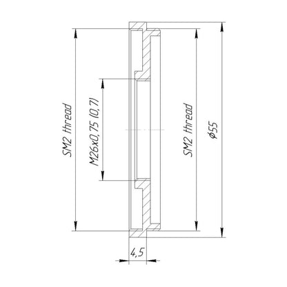 SM2 male to M26x0.75 (36tpi) female thread adapter (SM2 to 26mm step-down ring)